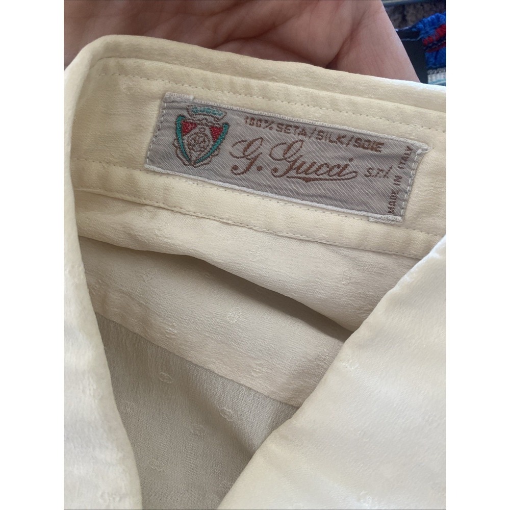 G Gucci Vintage Pleated Bib Silk Blouse Womens Size 39 Cream Jacquard Logo Italy - Picture 9 of 11